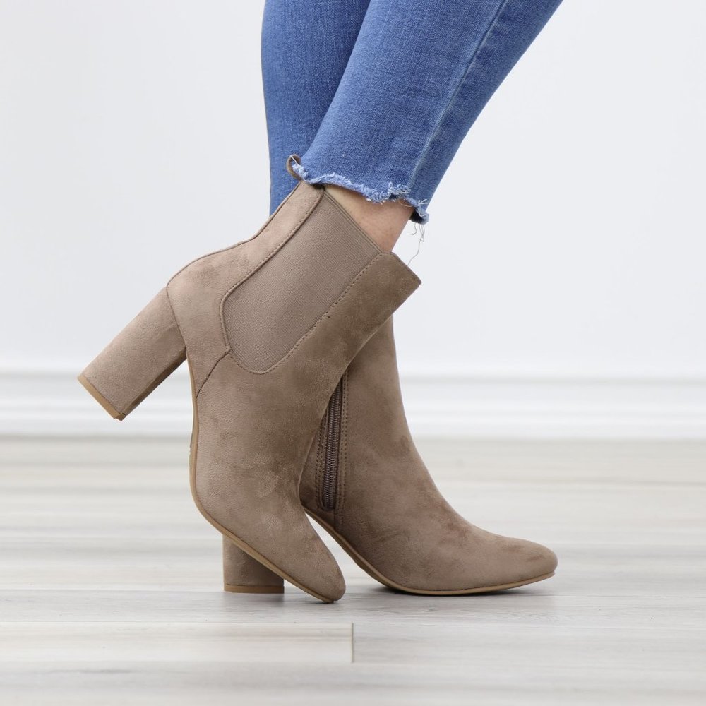 Taupe Suede Chelsea Round Toe Block High Heel Above Ankle Boots - Picture 6 of 12